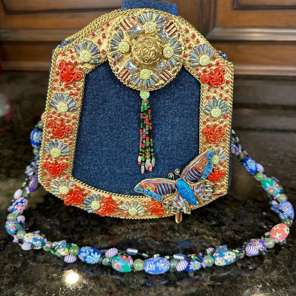 Mary Frances Beaded Butterfly Bag – Denim, Gold & Multi-Color Beads